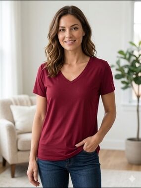 Boutique Burgundy V-Neck Short Sleeve Top Size XL (EUC)